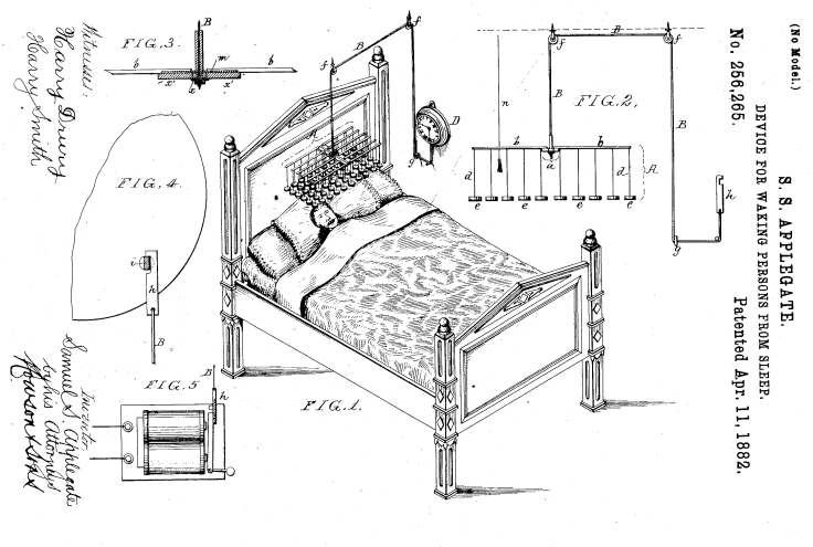 Illustration brevet US256265 - Device for waking persons from sleep